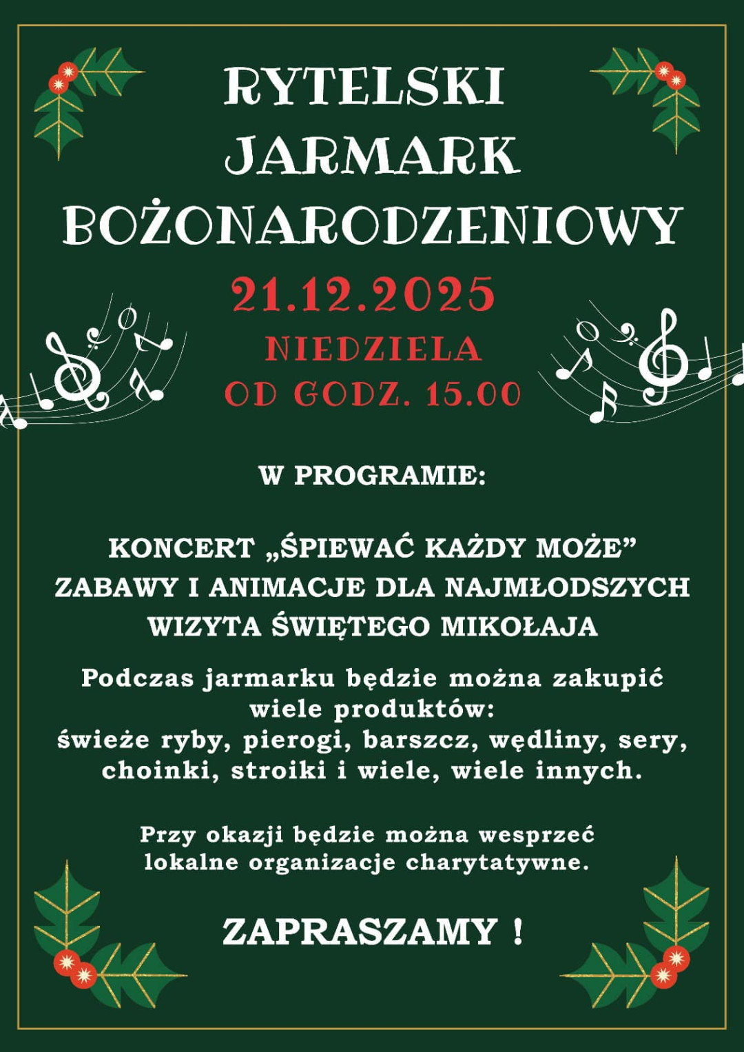 W niedzielę (21.12) Rytelski Jarmark Bożonarodzeniowy. Będzie okazja do zakupów i akcent charytatywny